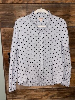 Brooks Brothers Red Fleece Polka Dot Ruffle Collar Button-Up Blouse - Navy Dots